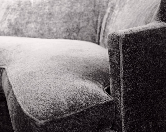 Custom Low Profile Wing Back Blue Silk Sofa