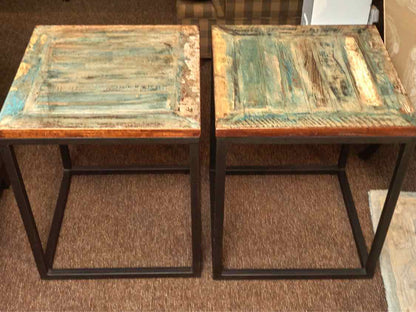 Pair Of Rustic Square Side Table On Metal Legs