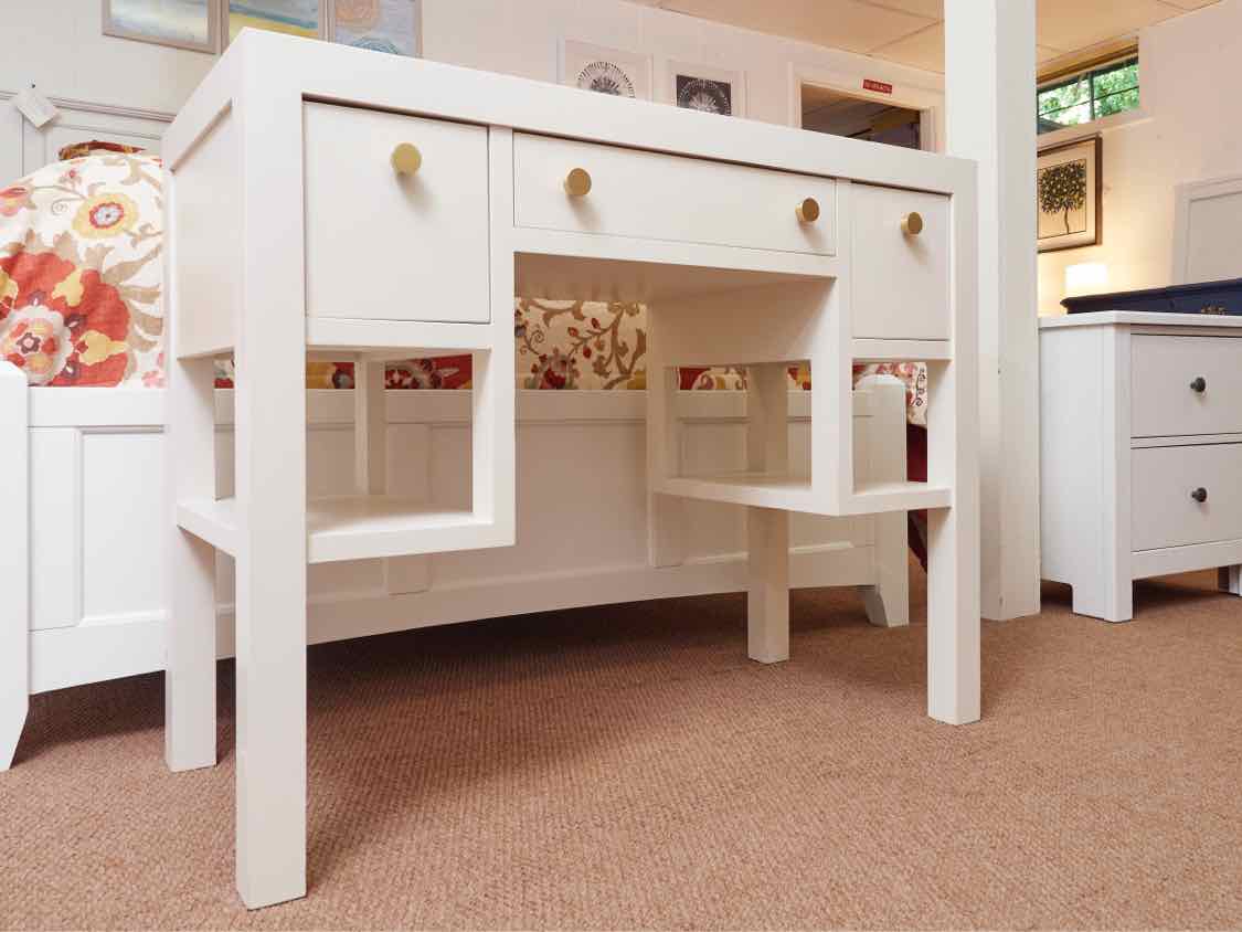 Off White 3 Drawer 2 Shelf Vanity Includes Acrylic Leg Sheepskin Stool