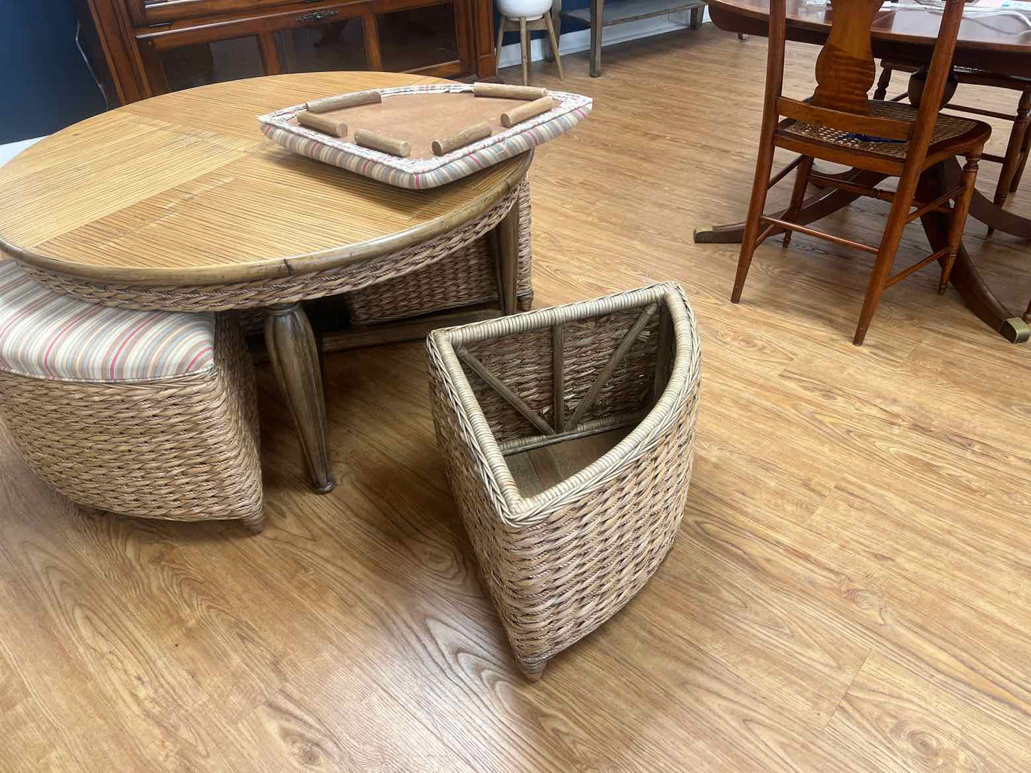 J&J Rattan Hassock Cocktail Table w/ Storage Stools