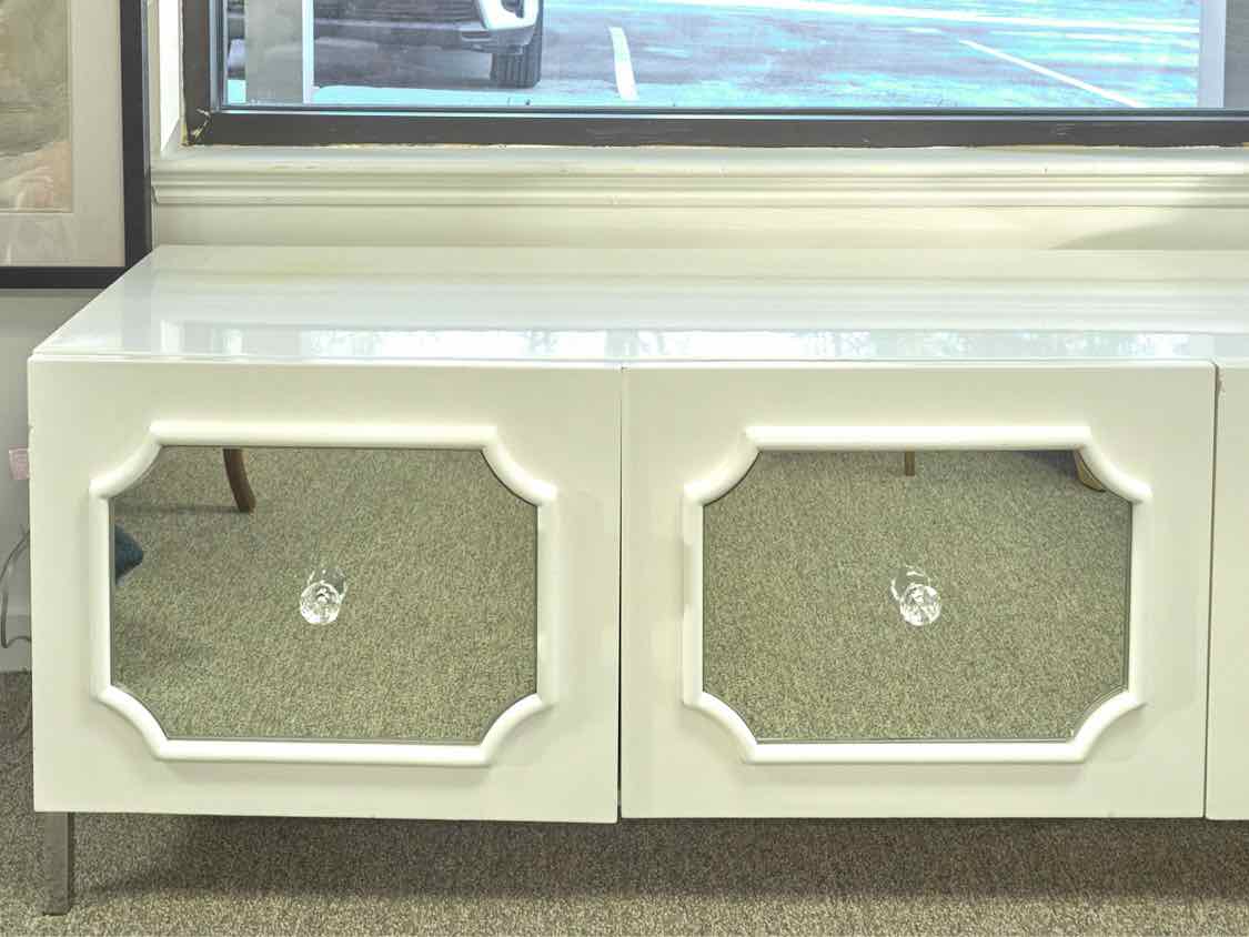 White Lacquer and Mirror Four Door Media Furniture