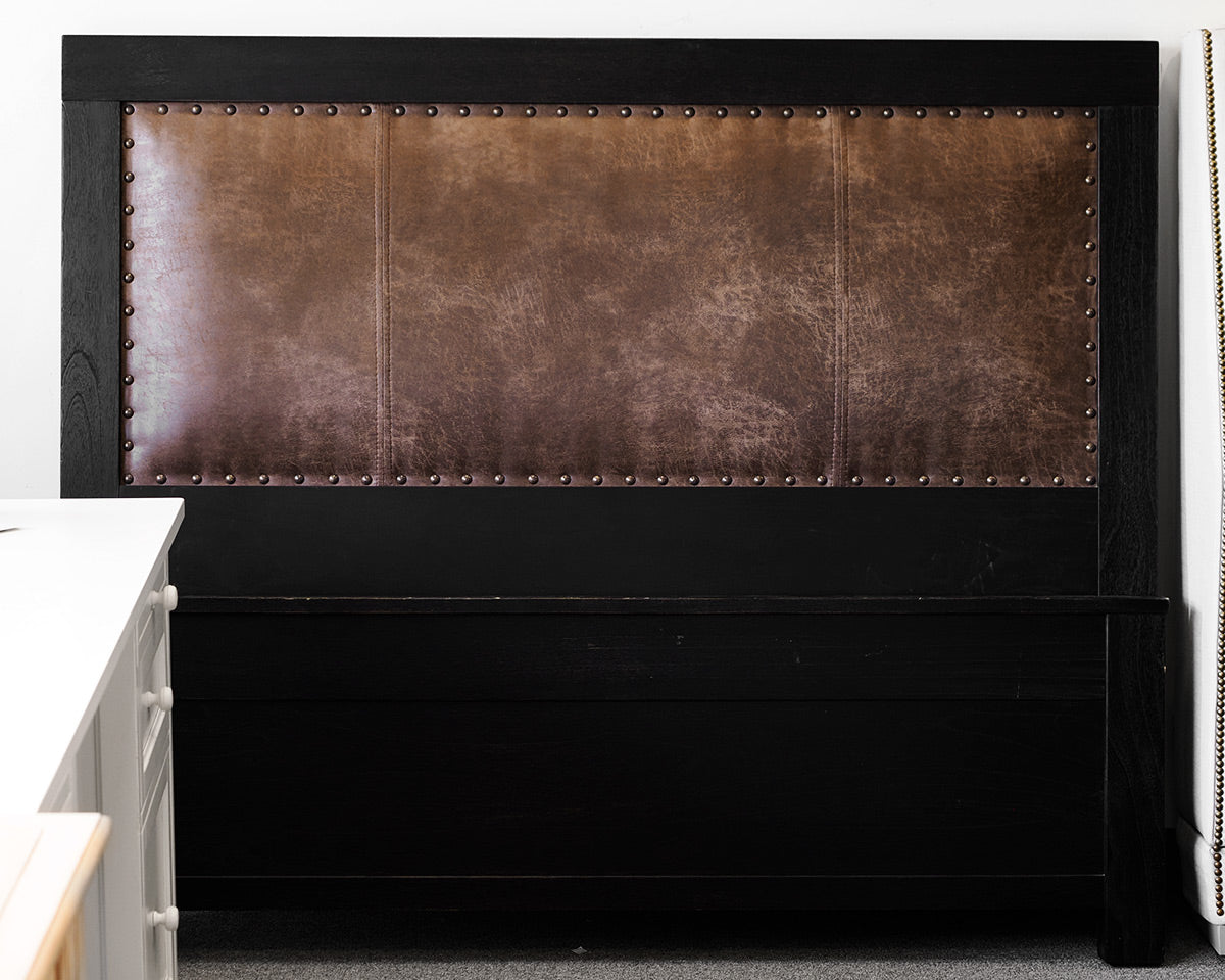 Arhaus Queen Distressed Storage Bed Frame With Leather Detailing