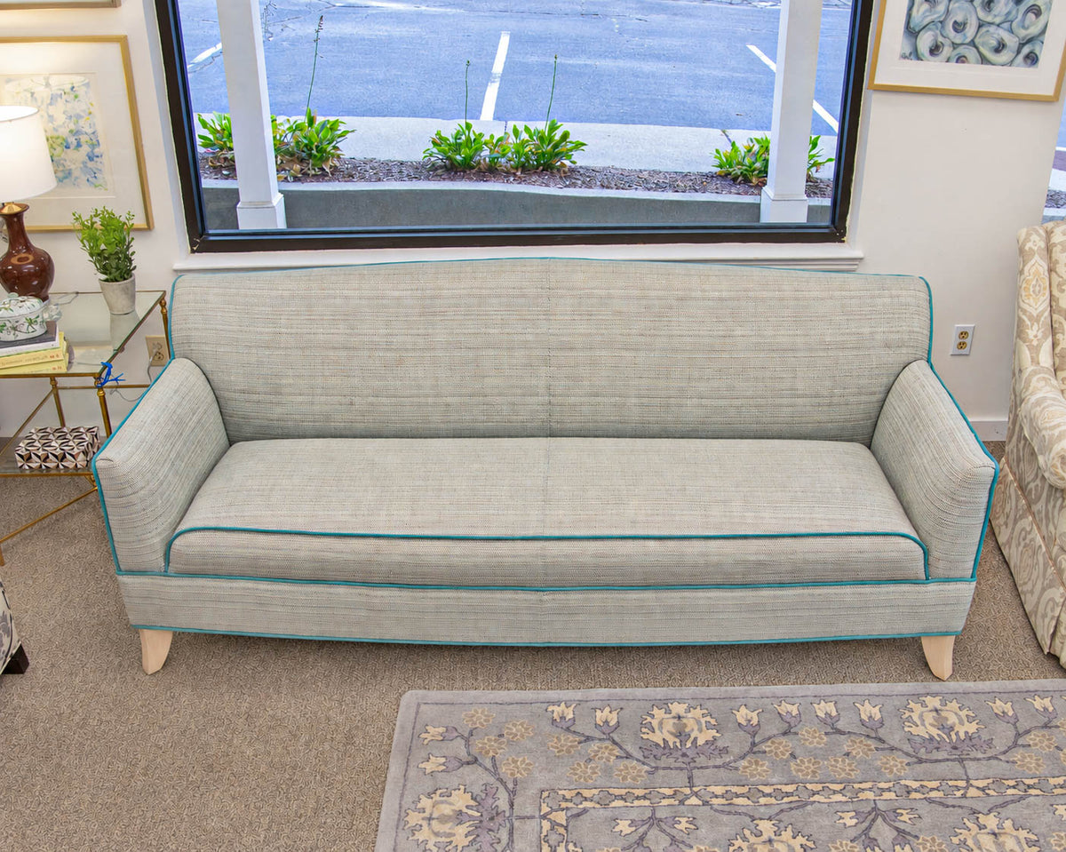 MC Style Tuxedo Back Sofa Upholstered In Tweed White,Grey & Blue Hughes