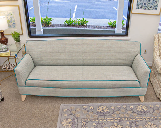 MC Style Tuxedo Back Sofa Upholstered In Tweed White,Grey & Blue Hughes