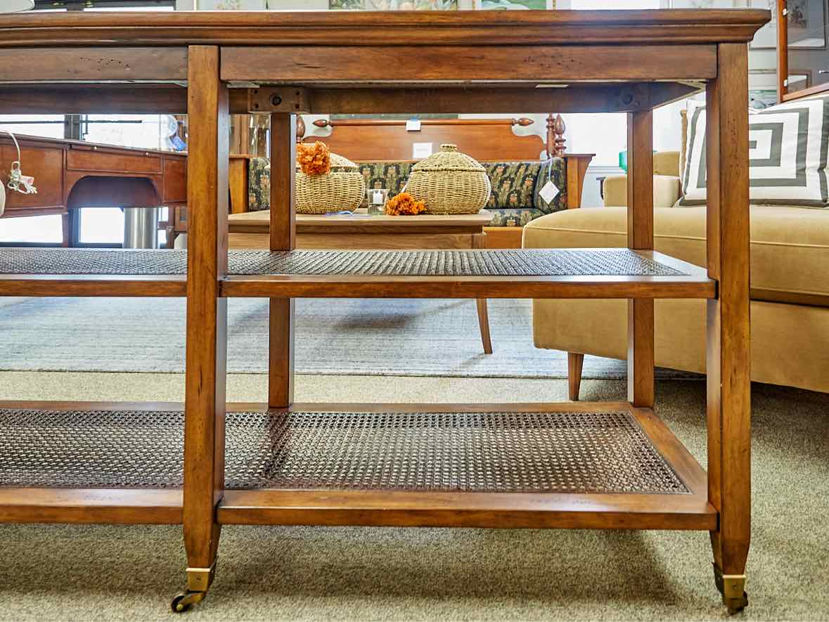 Elm Wood Console w/ Wood Cane Panel Design  & Glass Top  on Casters