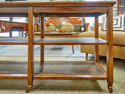 Elm Wood Console w/ Wood Cane Panel Design  & Glass Top  on Casters