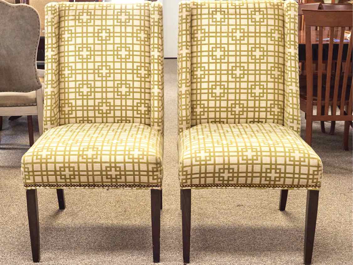 Pair of Kravet Host & Hostess  Dining Chairs in Chartreuse Green & Ivory