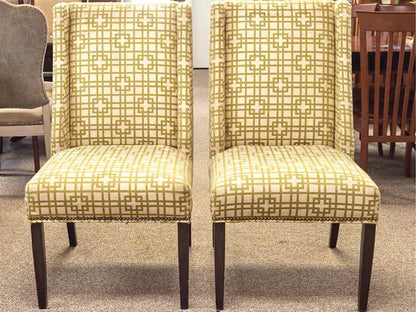 Pair of Kravet Host & Hostess  Dining Chairs in Chartreuse Green & Ivory