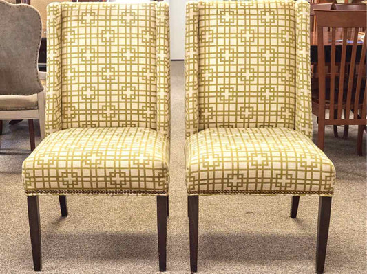 Pair of Kravet Host & Hostess  Dining Chairs in Chartreuse Green & Ivory