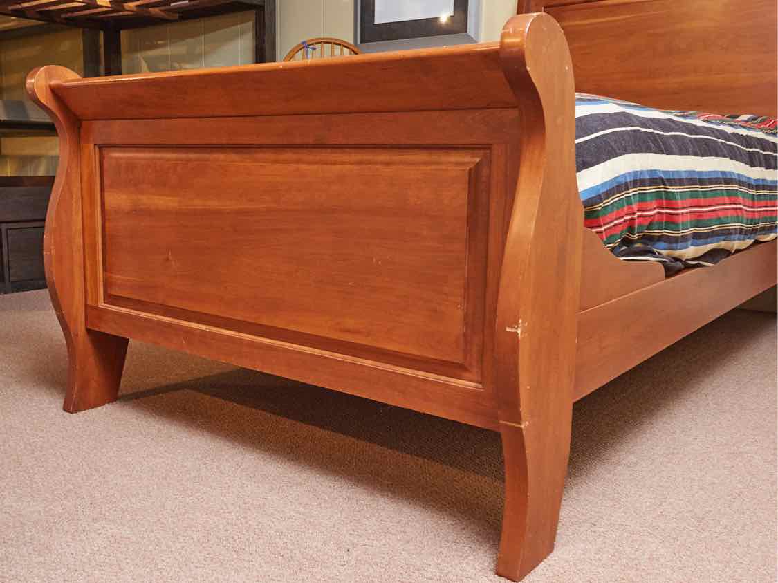 Cherry Sleigh Twin Bed Includes SR/Slats/ Bunkie Board / New  Firm Mattress