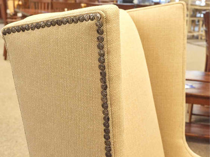 Pair of Lee Industries Host Dining Chairs in Wheat Woven with Bronze Nailheads