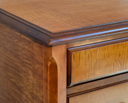 Tiger Maple 4-Drawer Chest with Wood Pulls and Turned Feet