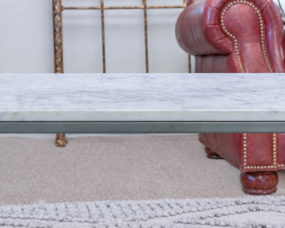 Pair of 'Delaney' White Marble Side Tables with Metal Frame Base
