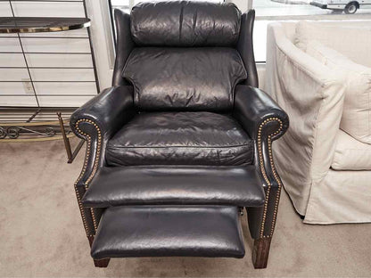 Pair of Hancock and Moore  Navy Blue Leather Bustle Back Reclining Chairs
