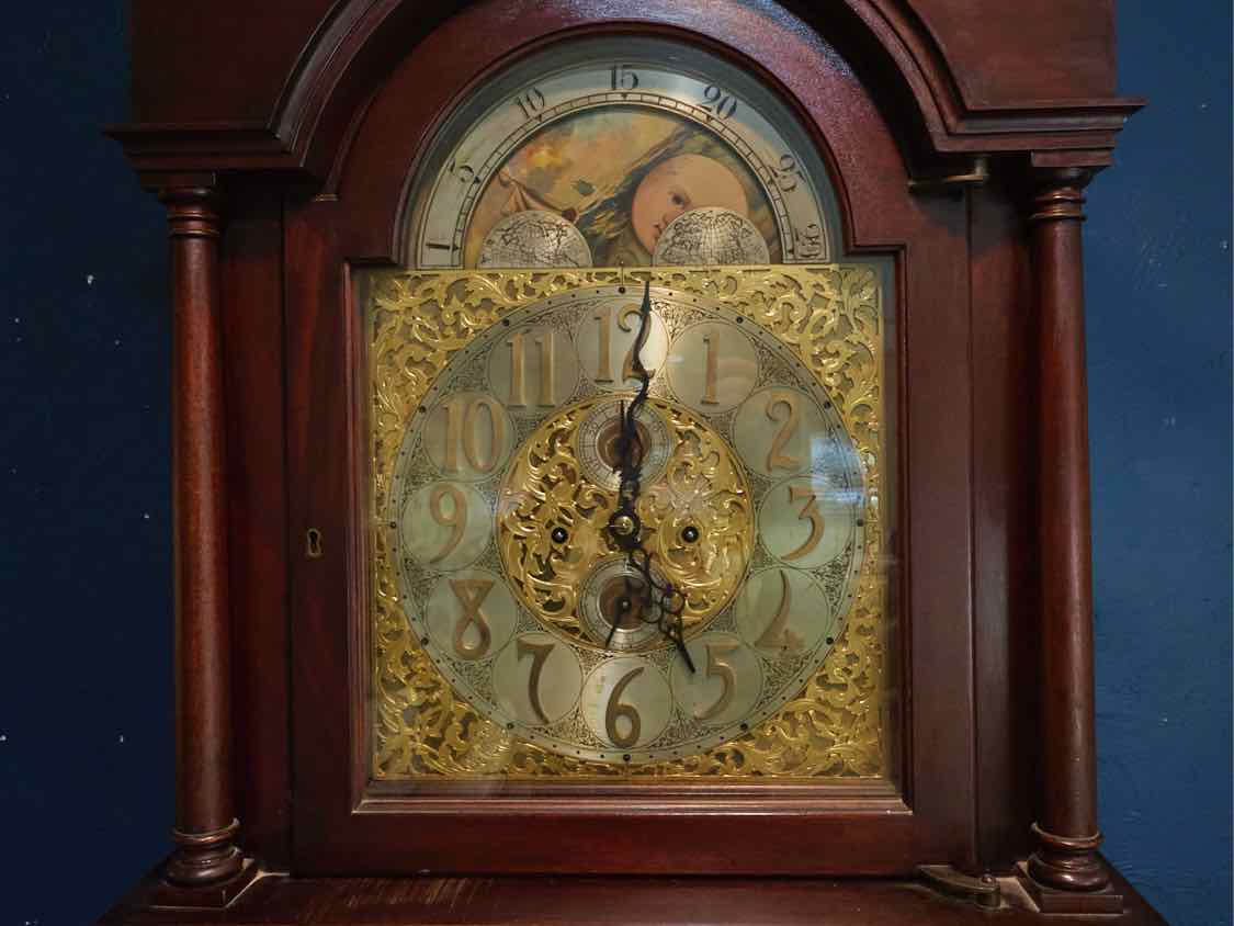 Antique Grandfather Clock with Sea Motif, Brasswork Face & Mahogany Case