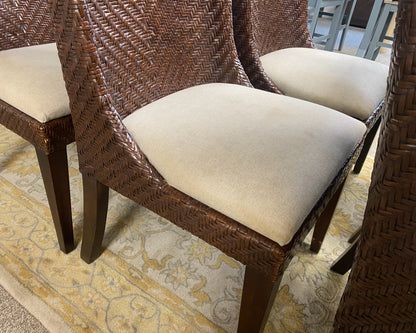 Set of 6 Painted Wicker Dining Chairs in Brown with Beige Seats