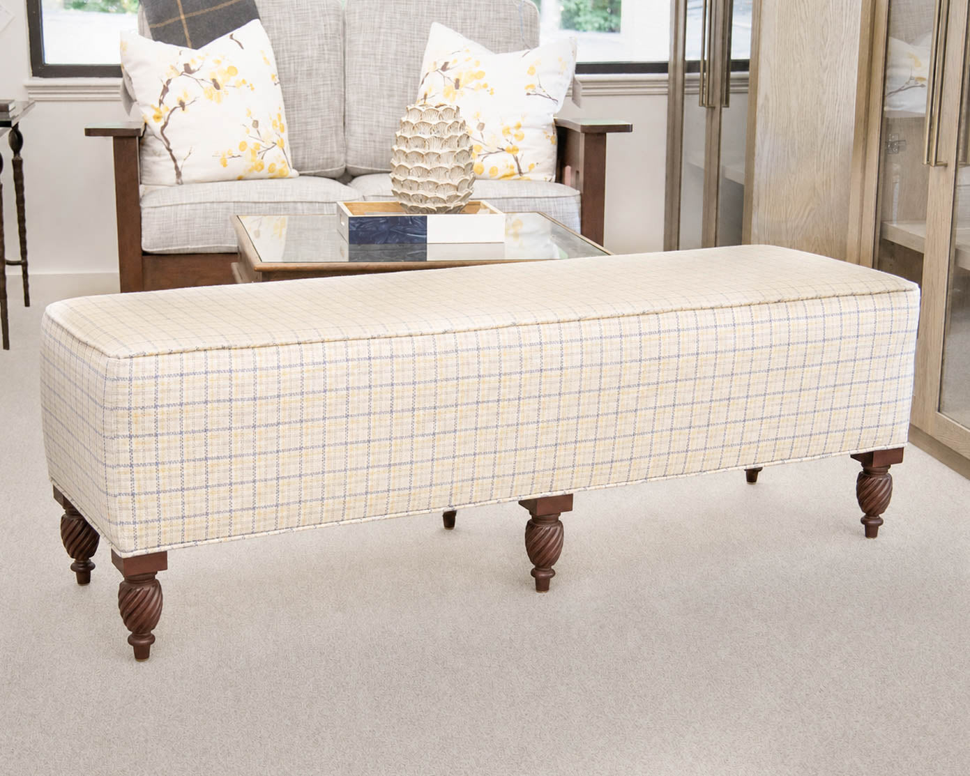 Upholstered Bench With Carved Dark Cherry Feet