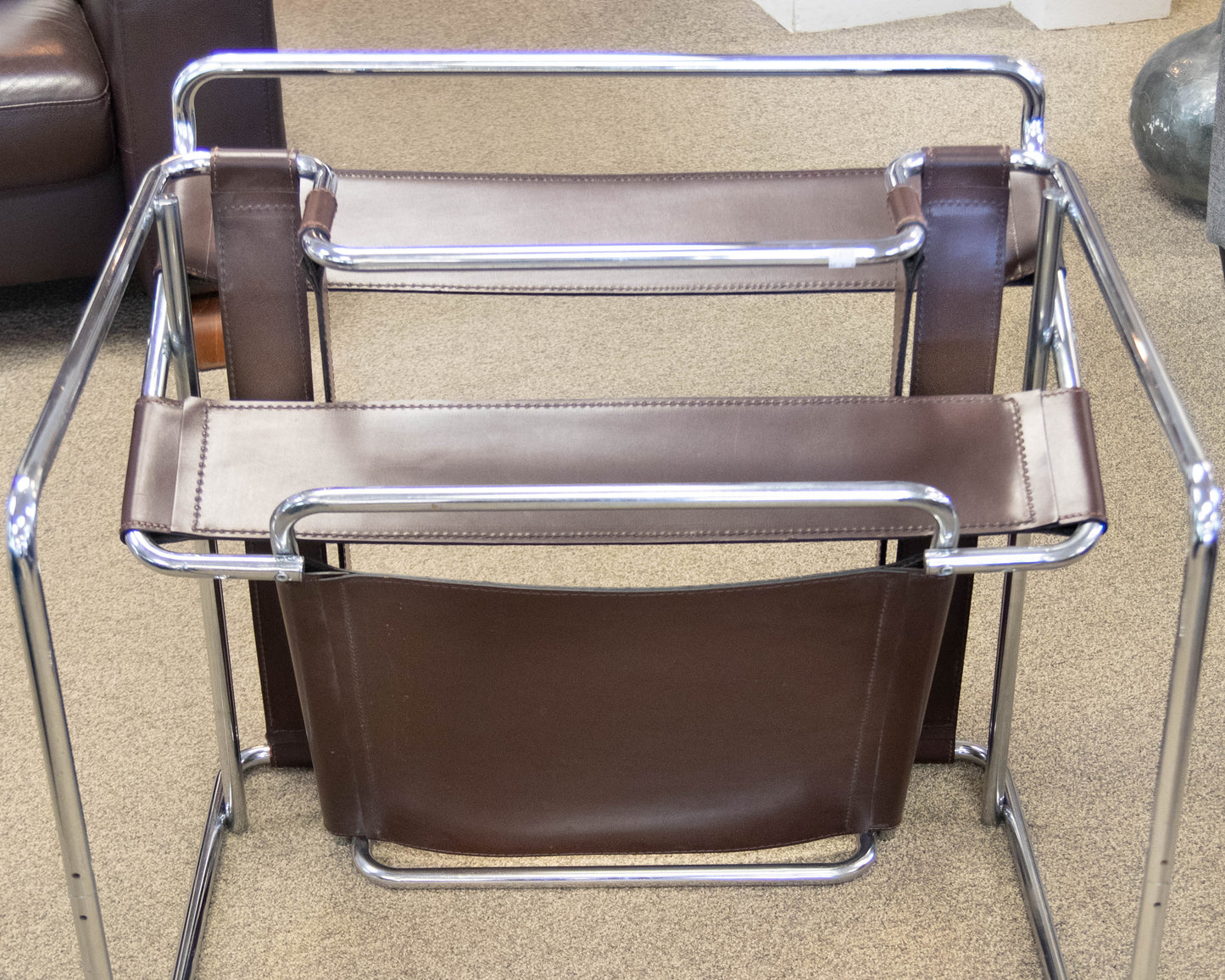 Pair Of "Wassily Style" Brown Leather Sling Back Chairs On Tubular Chrome Frame