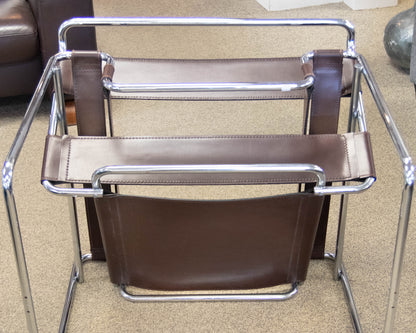 Pair Of "Wassily Style" Brown Leather Sling Back Chairs On Tubular Chrome Frame