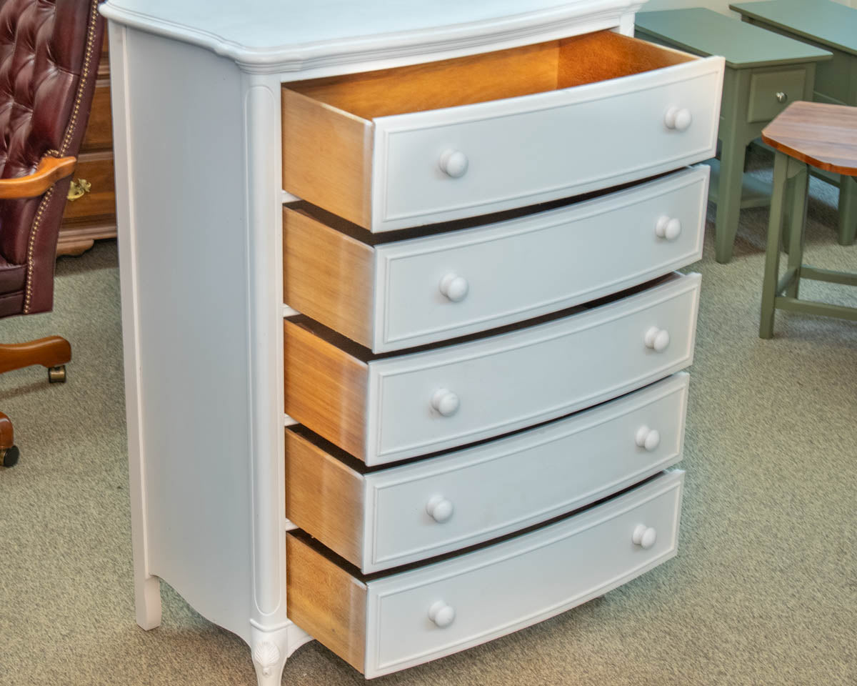 Five Drawer Tall Bowfront Chest in White
