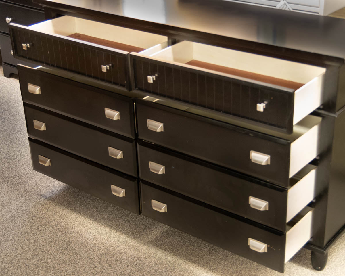 Eight  Drawer Dresser In Black Finish W/ Chrome Hardware