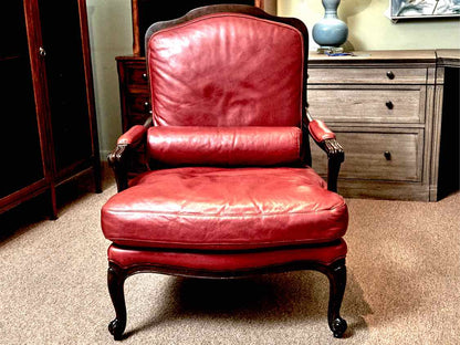 Pomegranate Red  Leather Bergere  Style Chair & Matching Ottoman
