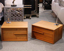 Pair of Contemporary Teak 2-Drawer Nightstands with Nickel Gooseneck Lamps
