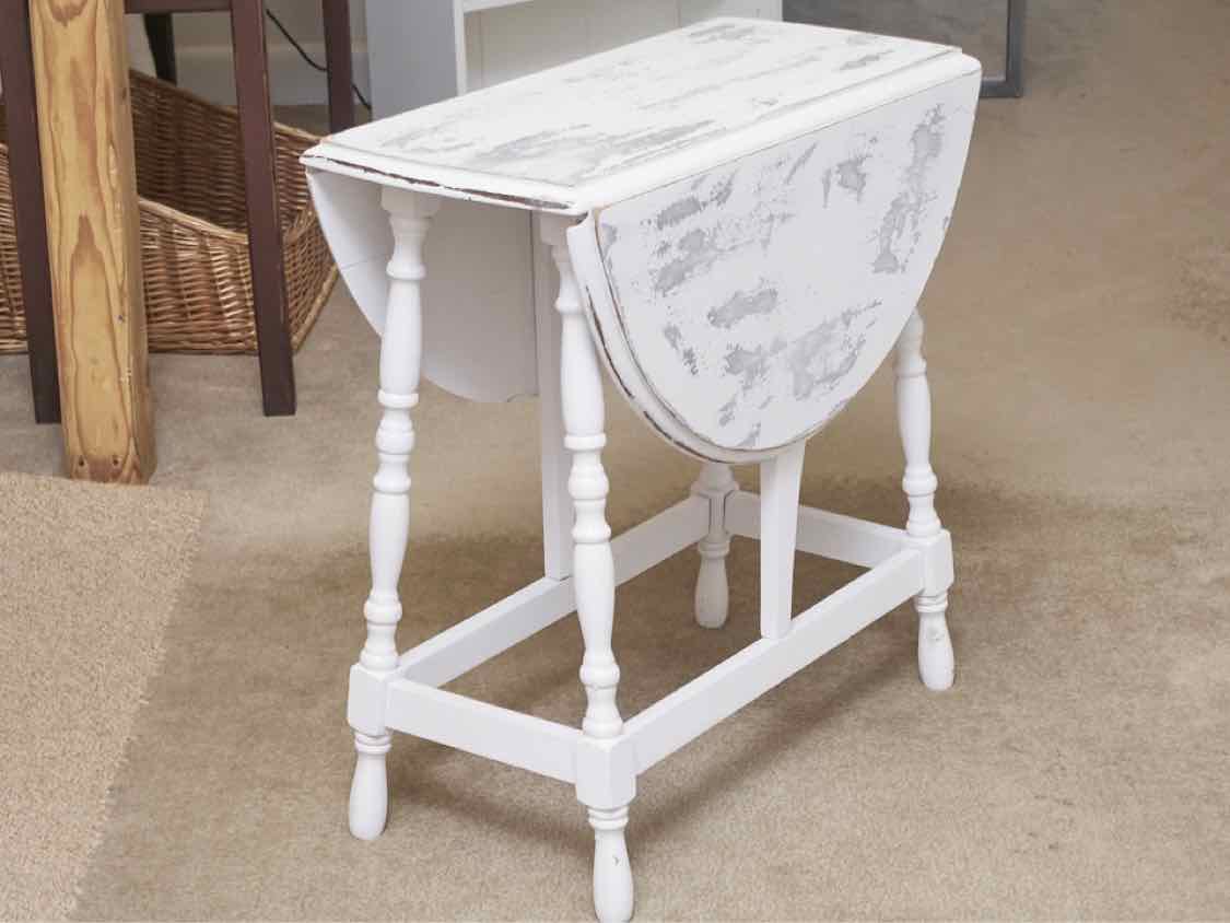 White Distressed  Finish Drop Leaf Turned Leg  Side Table