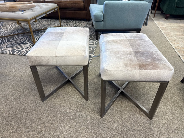 Pair of Cowhide Ottomans on Brushed Steel Frame