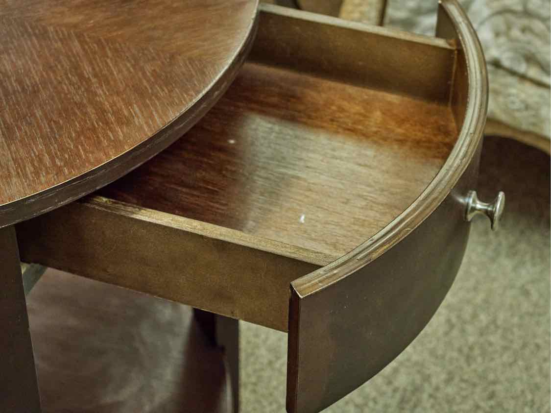 Round Espresso Finish Side Table with Drawer