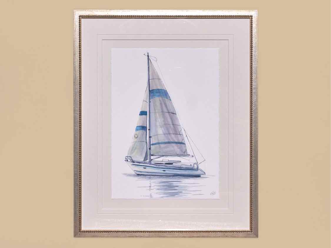 "Sailboat 2" Matted Print on Paper in Silver Beaded Frame