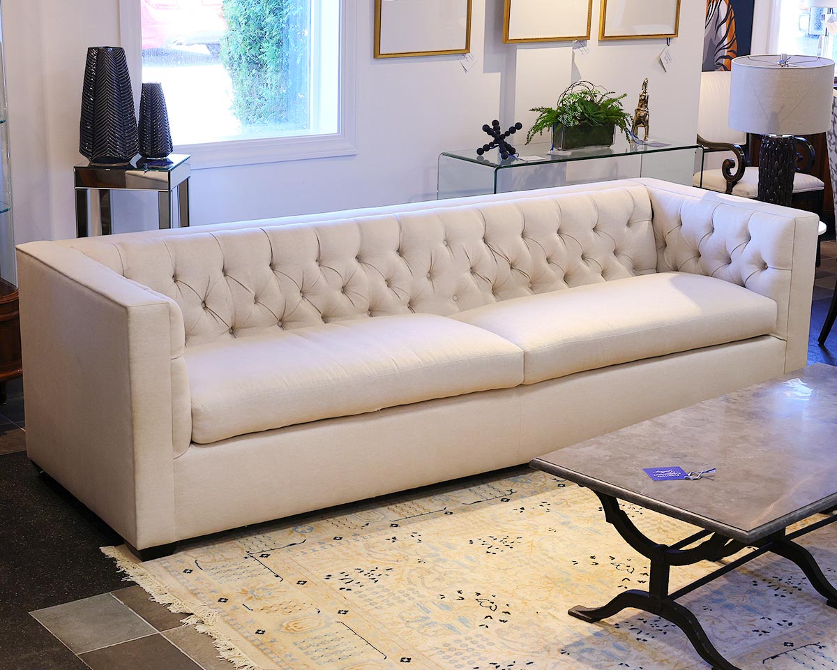 Baker 107" Tufted Shelter-Arm Sofa in White Sand Linen