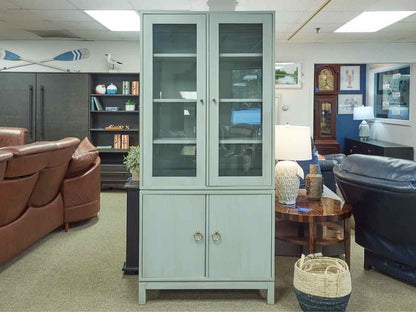 Gat Creek Tomlin Glass Cabinet Hand Glazed in Light Rain w/ Satin Knob & Pull