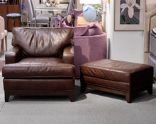 Ethan Allen Brown Leather Club Chair and Ottoman