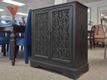 Black Bar Carved 2 Door Wine Cabinet w/ Glass Rack