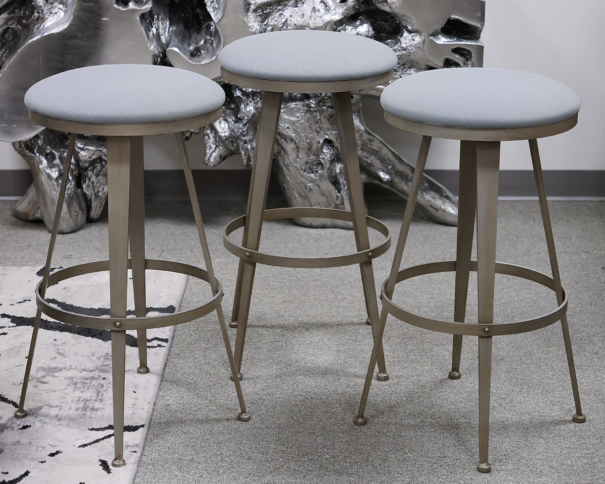 Set of 3 Charleston Forge Aires Swivel Bar Stools with Grey Linen Seats