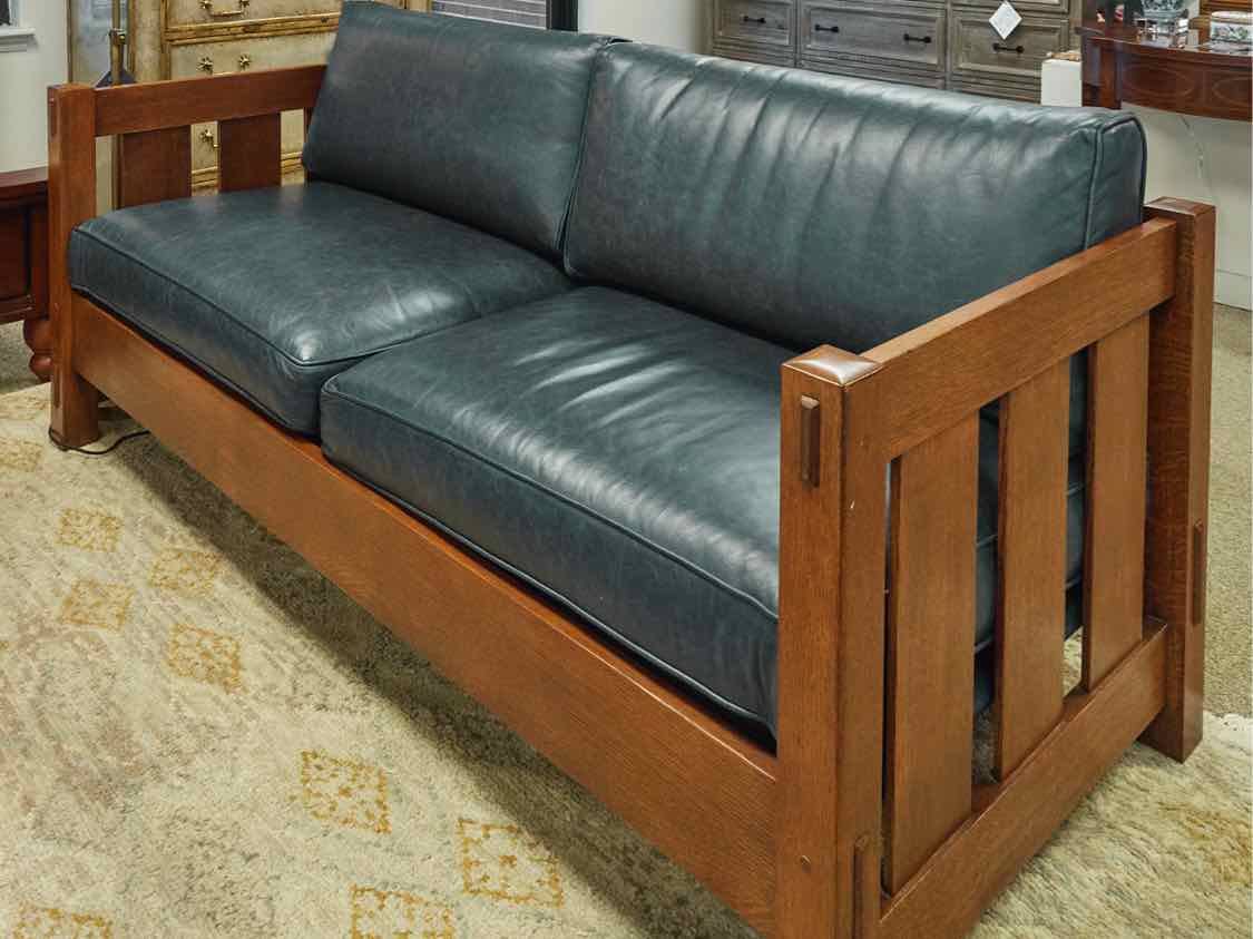 Stickley Mission Oak Settle Blue Leather 2 Cushion Sofa Sofa with 2 Toss Pillows