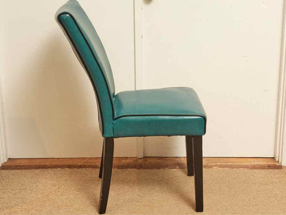 Round Black Finish Table &  4 Teal Bonded Leather Chair Set