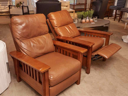 Pair Of Haining Home Pt. 'Palermo Nutmeg Leather Cherry Mission Style  Recliners