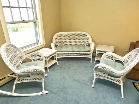 Pier1   Indoor White Wicker  Loveseat,Rocker, Side Chair, 2 Side Tables Set