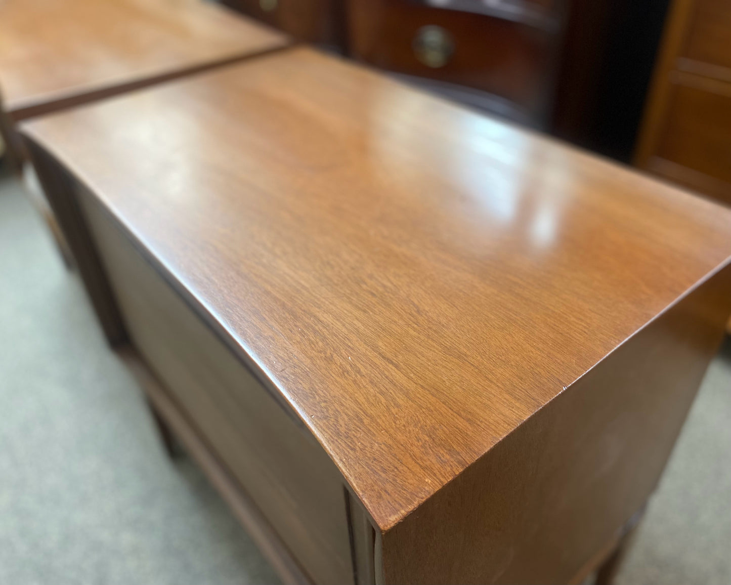 Pair of Red Lion Solid Mahogany MCM Style Nightstands