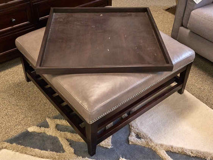Square Faux Leather Ottoman in Light Gray