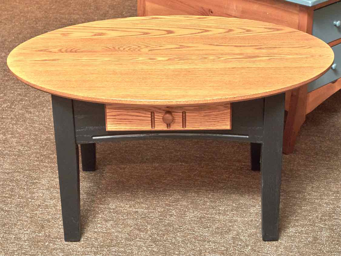 Oak Oval Top Black Finish Legs 1 Drawer Cocktail Table