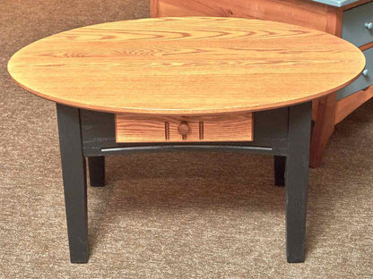 Oak Oval Top Black Finish Legs 1 Drawer Cocktail Table