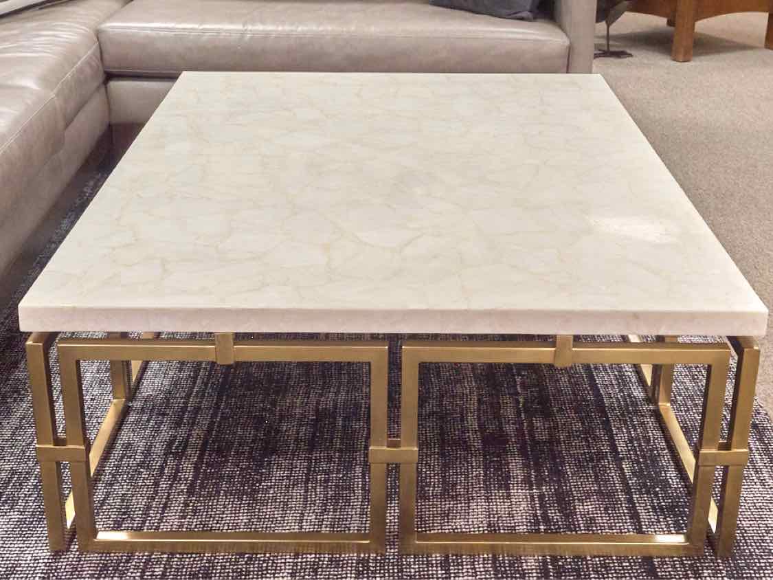 Aerin White Stone Cocktail Table with Brass Base