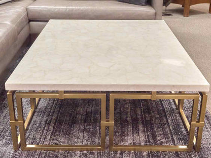 Aerin White Stone Cocktail Table with Brass Base