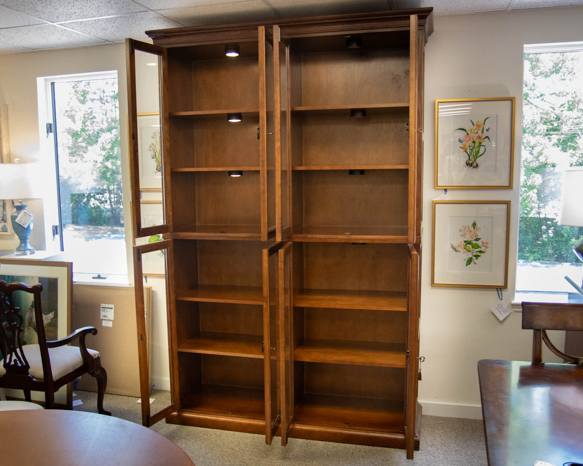 Two Piece Oak Wood Frame Paned Glass Display/ Library Cabinet