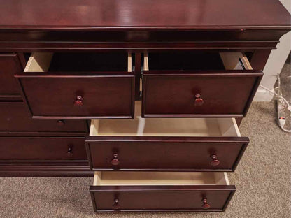 Cherry 7 Drawer Dresser in Rich Color w/Raised Drawers & Wood Knobs