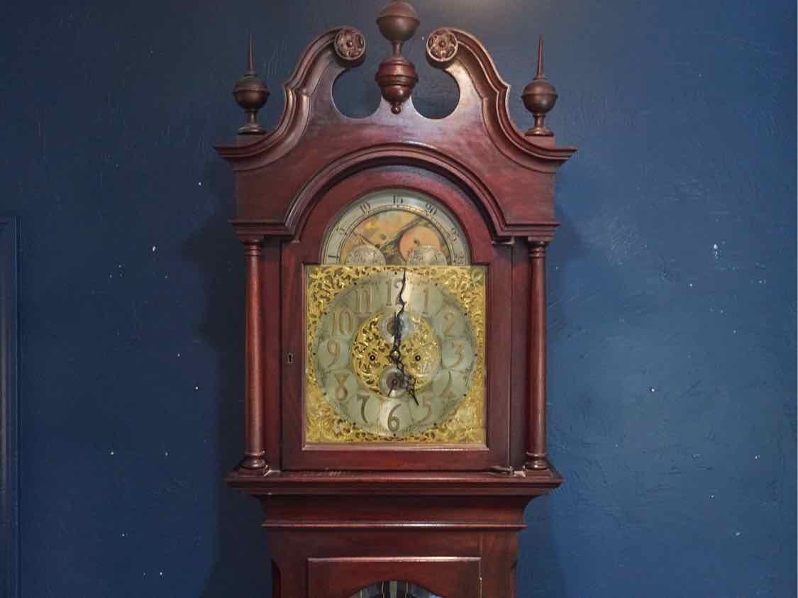 Antique Grandfather Clock with Sea Motif, Brasswork Face & Mahogany Case