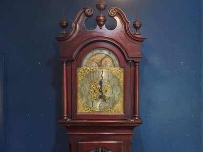 Antique Grandfather Clock with Sea Motif, Brasswork Face & Mahogany Case